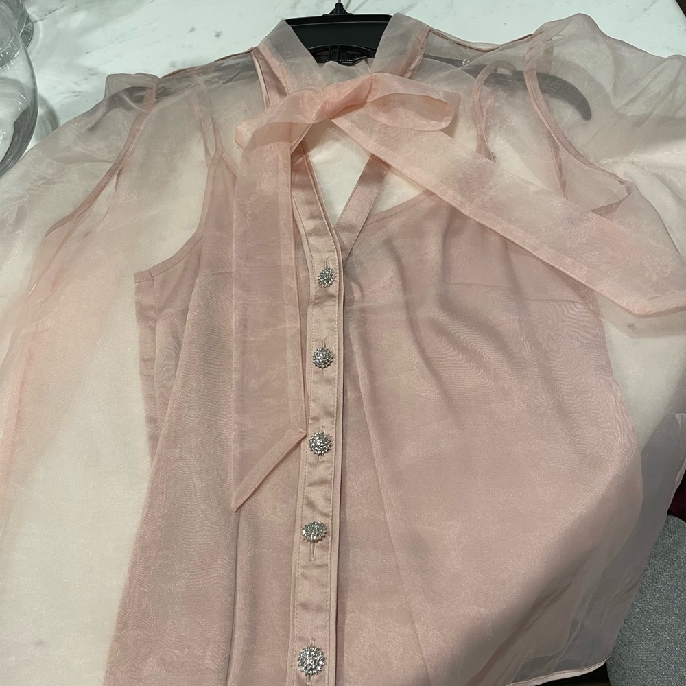 White House Black Market organza blouse with rhinestone buttons & cami